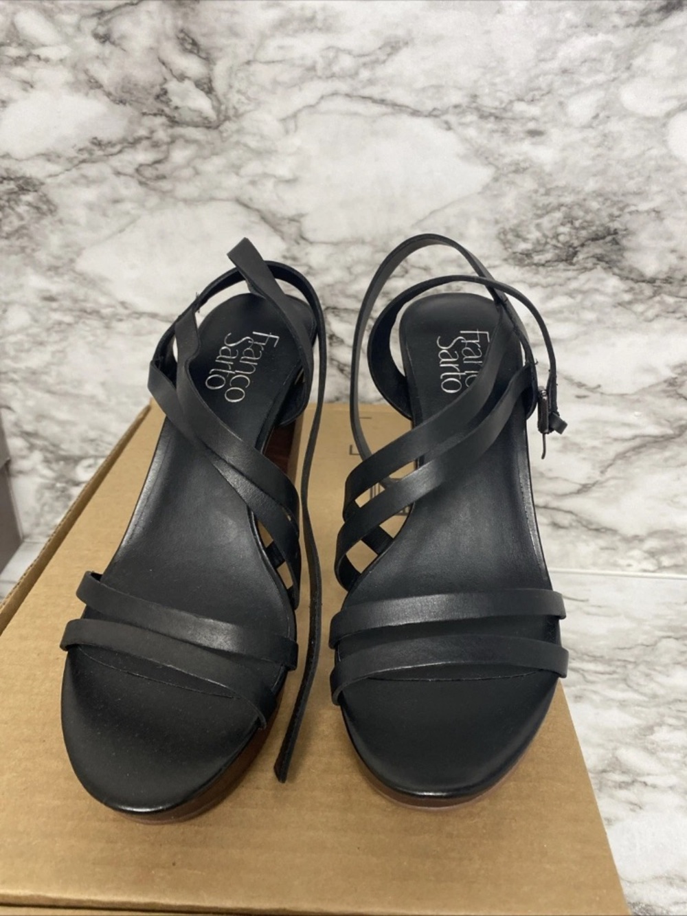 Franco Sarto Black Leather Strappy Heel Sandals